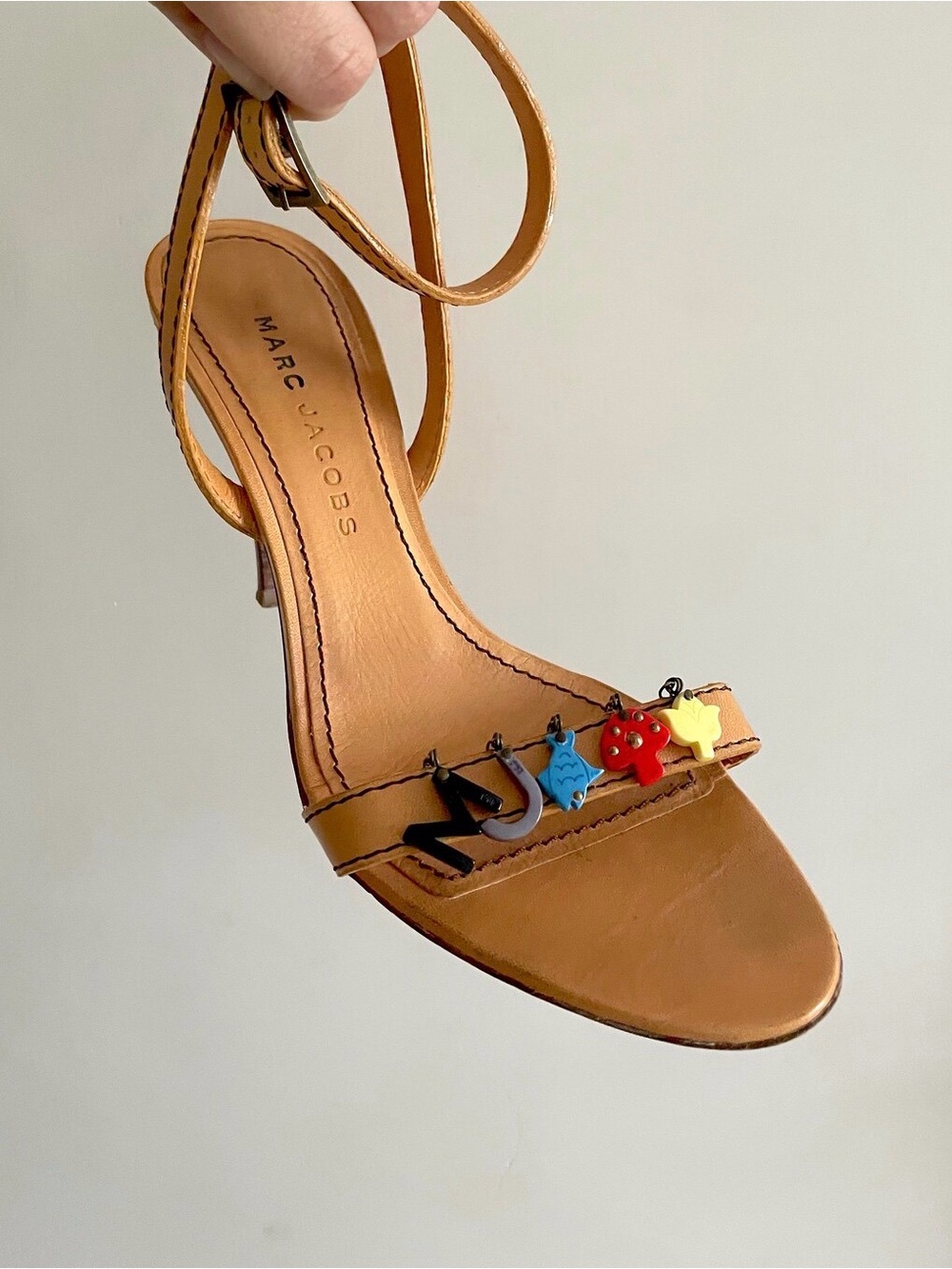 Marc Jacobs Vintage Tan Leather Ankle-Strap Sandal w/Colorful Charms Early 2000s